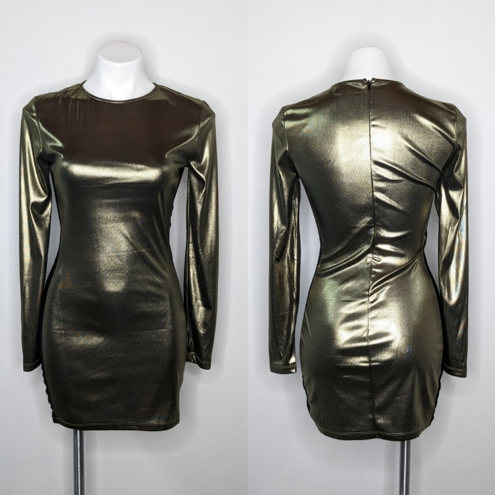 Superdown gold black sheer side panel  body con mini dress S